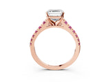 Rose gold Asscher Cut Diamond Cathedral Solitaire Ring with Round with Pink Sapphire side stone Pavé Band_15