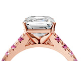 Rose gold Asscher Cut Diamond Cathedral Solitaire Ring with Round with Pink Sapphire side stone Pavé Band_16