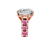 Rose gold Asscher Cut Diamond Cathedral Solitaire Ring with Round with Pink Sapphire side stone Pavé Band_17