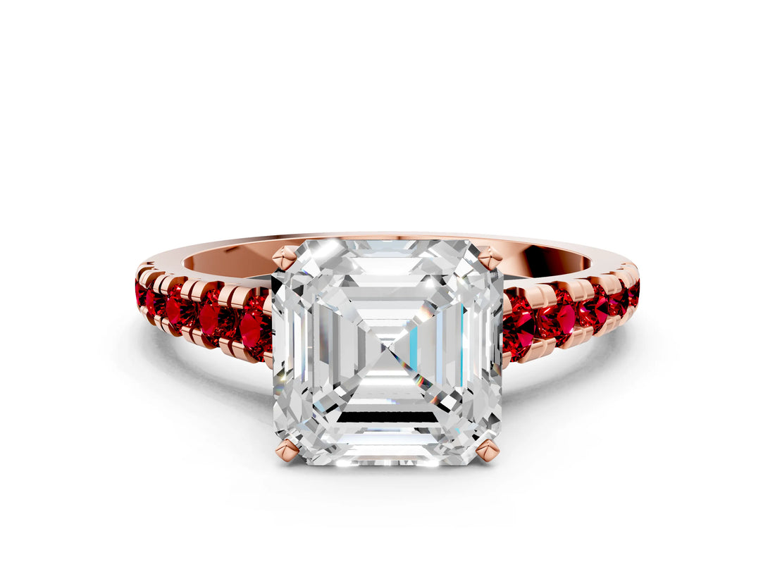Rose gold Asscher Cut Diamond Cathedral Solitaire Ring with Round with Ruby side stone Pavé Band_24