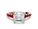 Rose gold Asscher Cut Diamond Cathedral Solitaire Ring with Round with Ruby side stone Pavé Band_24