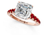 Rose gold Asscher Cut Diamond Cathedral Solitaire Ring with Round with Ruby side stone Pavé Band_25