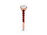 Rose gold Asscher Cut Diamond Cathedral Solitaire Ring with Round with Ruby side stone Pavé Band_26
