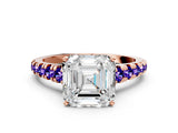 Rose gold Asscher Cut Diamond Cathedral Solitaire Ring with Round with Tanzanite side stone Pavé Band