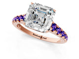 Rose gold Asscher Cut Diamond Cathedral Solitaire Ring with Round with Tanzanite side stone Pavé Band_1