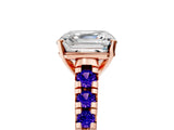 Rose gold Asscher Cut Diamond Cathedral Solitaire Ring with Round with Tanzanite side stone Pavé Band_5