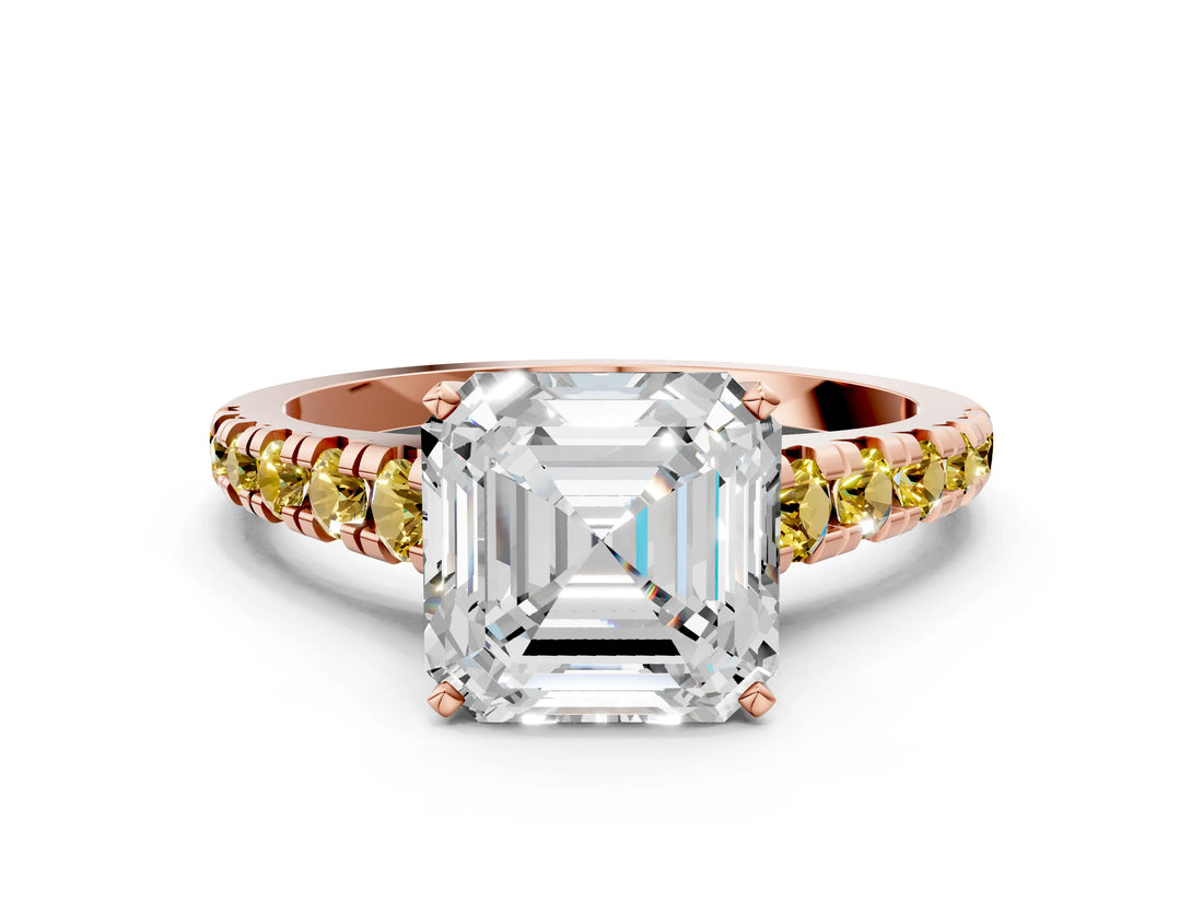 Rose gold Asscher Cut Diamond Cathedral Solitaire Ring with Round with Yellow Sapphire side stone Pavé Band_24