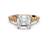 Rose gold Asscher Cut Diamond Cathedral Solitaire Ring with Round with Yellow Sapphire side stone Pavé Band_24