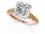Rose gold Asscher Cut Diamond Cathedral Solitaire Ring with Round with Yellow Sapphire side stone Pavé Band_25