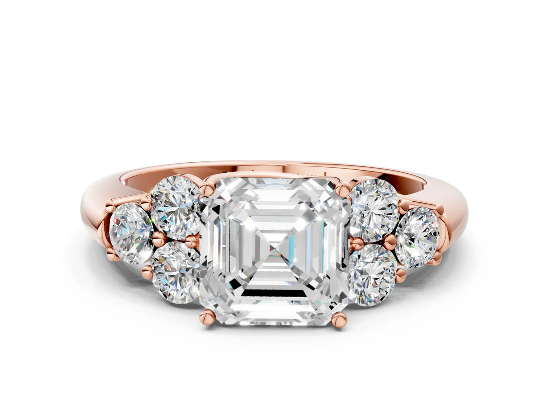 Rose gold Asscher Cut Diamond Cluster Ring with Round Accent Stones and Prong Setting on a Classic Band_88