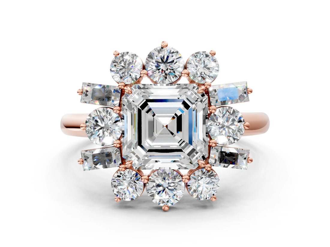 Rose gold Asscher Cut Diamond Cluster Ring with Round and Baguette Stones, Split Shank Band, Prong Setting_15