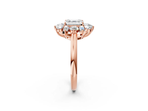 Rose gold Asscher Cut Diamond Cluster Ring with Round and Baguette Stones, Split Shank Band, Prong Setting