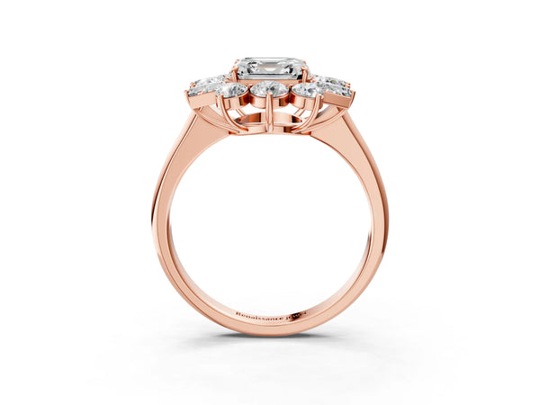 Rose gold Asscher Cut Diamond Cluster Ring with Round and Baguette Stones, Split Shank Band, Prong Setting