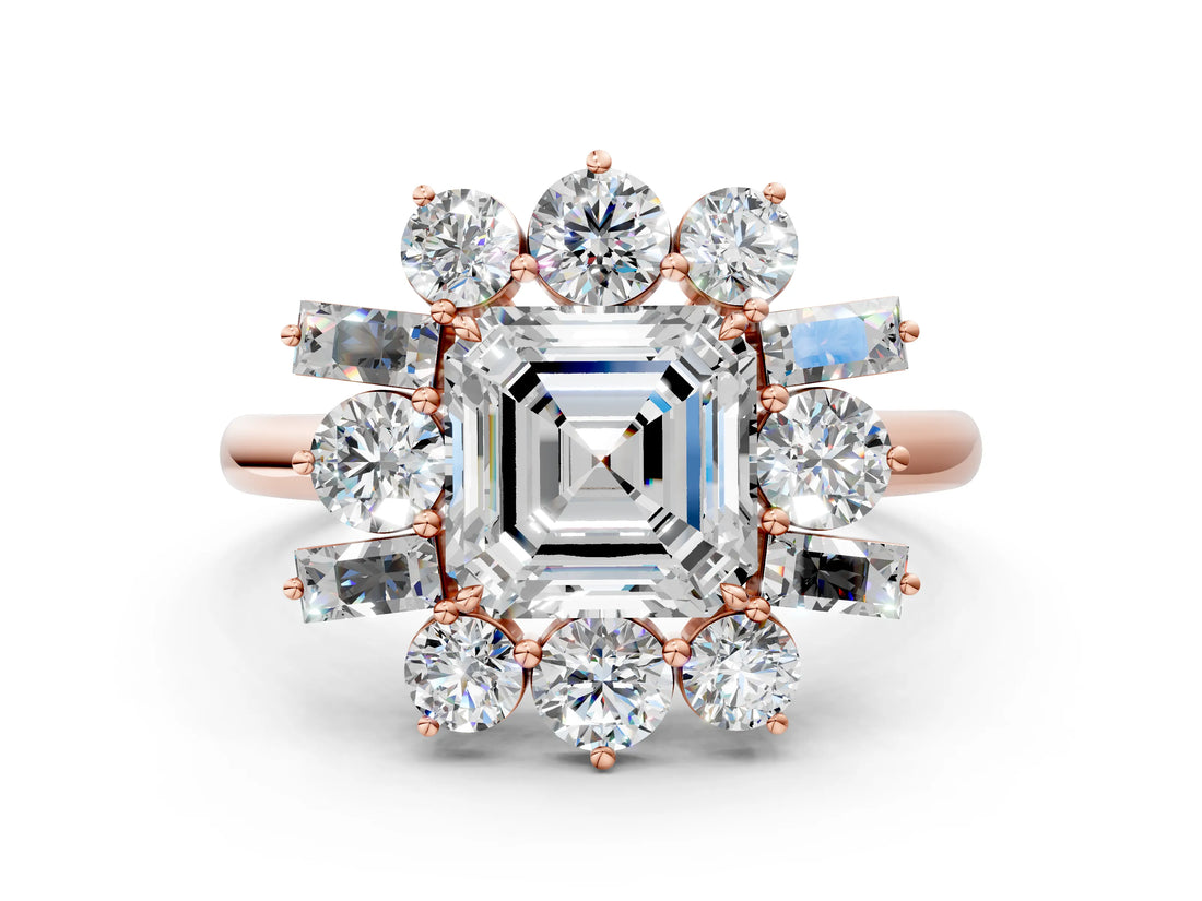 Rose gold Asscher Cut Diamond Cluster Ring with Round and Baguette Stones, Split Shank Band, Prong Setting_3