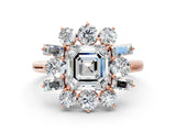 Rose gold Asscher Cut Diamond Cluster Ring with Round and Baguette Stones, Split Shank Band, Prong Setting_3