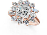 Rose gold Asscher Cut Diamond Cluster Ring with Round and Baguette Stones, Split Shank Band, Prong Setting_4