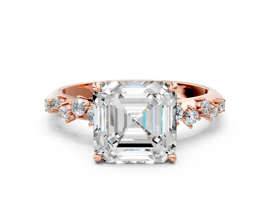 Rose gold Asscher Cut Diamond Cluster Side Stone Solitaire Ring with Prong Setting