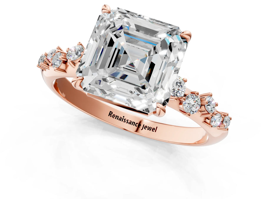 Rose gold Asscher Cut Diamond Cluster Side Stone Solitaire Ring with Prong Setting