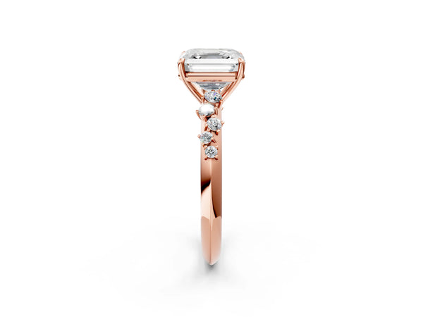 Rose gold Asscher Cut Diamond Cluster Side Stone Solitaire Ring with Prong Setting