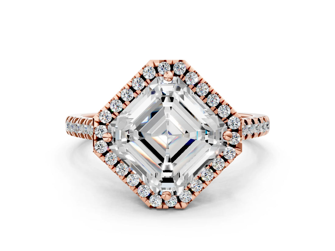 Rose gold Asscher Cut Diamond Cushion Halo Ring with Pavé Band_3