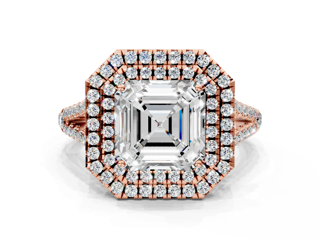 Rose gold Asscher Cut Diamond Double Halo Ring with Pavé Band and Prong Setting_39