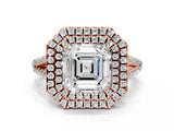 Rose gold Asscher Cut Diamond Double Halo Ring with Pavé Band and Prong Setting_39