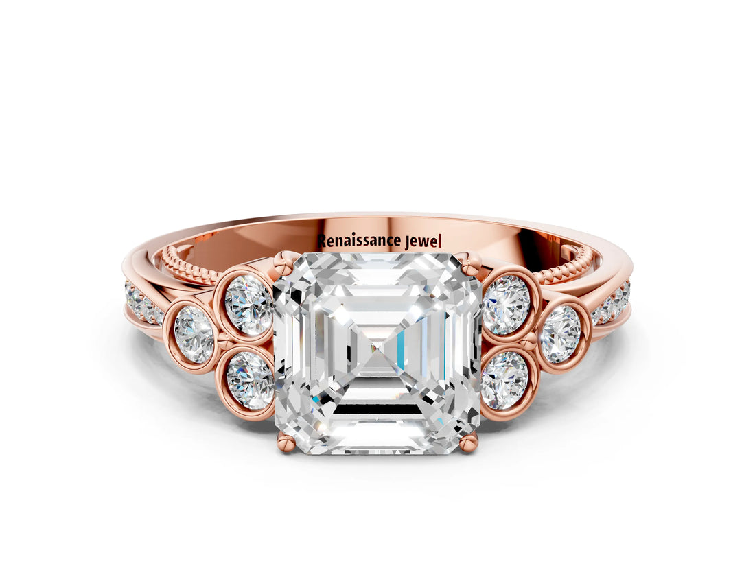 Rose gold Asscher Cut Diamond Engagement Ring with Bezel Set Round Side Stones and Prong Setting_69