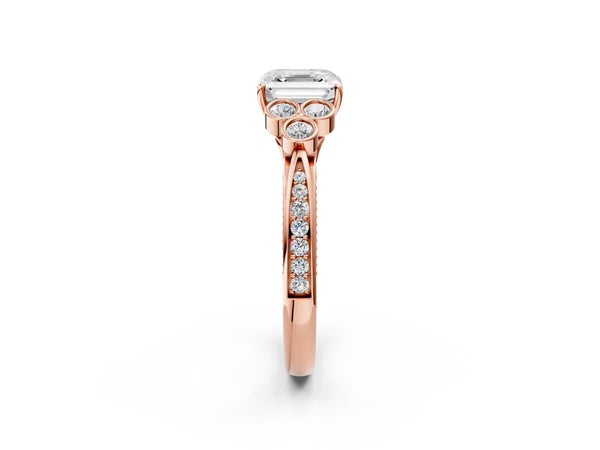 Rose Gold Asscher Cut Vintage Engagement Ring Setting with Bezel-Set Shoulder Clusters and Milgrain