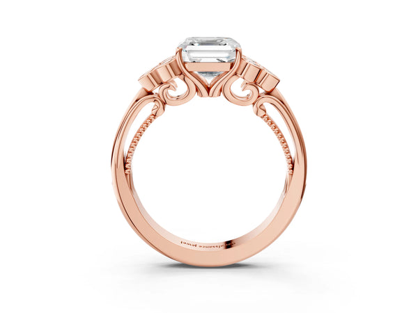 Rose Gold Asscher Cut Vintage Engagement Ring Setting with Bezel-Set Shoulder Clusters and Milgrain