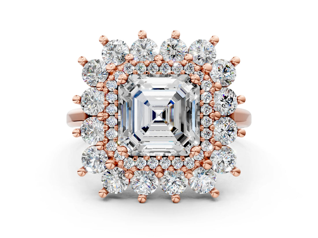 Rose gold Asscher Cut Diamond Floral Double Halo Engagement Ring with Prong Setting_3