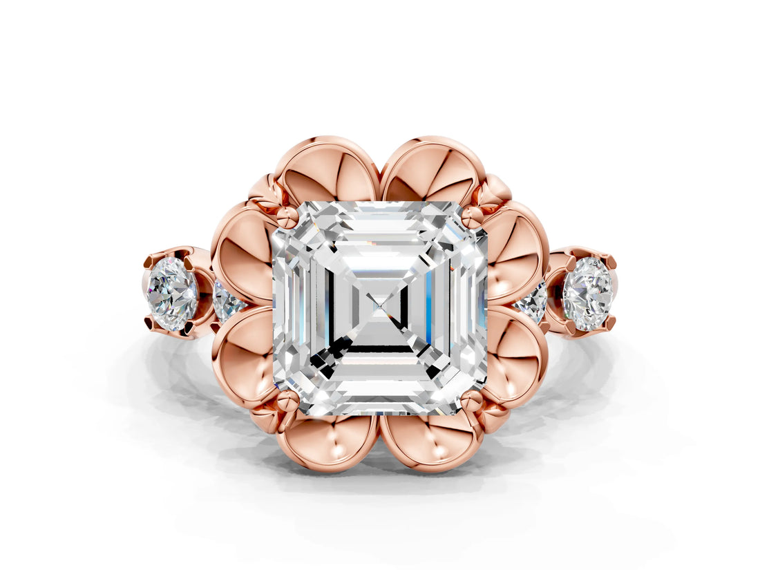 Rose gold Asscher Cut Diamond Floral Halo Engagement Ring with Shared Prong Setting 1