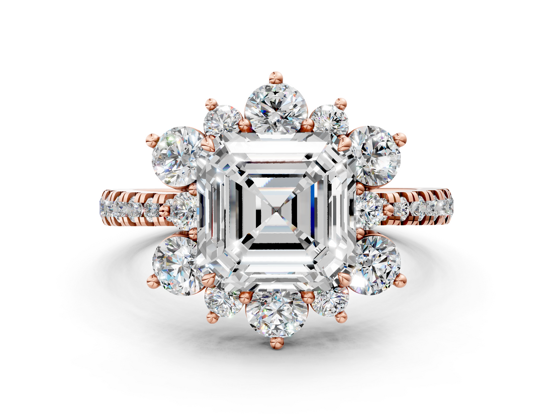 Rose gold Asscher Cut Diamond Floral Halo Pave Band with Prong Setting_23