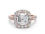 Rose gold Asscher Cut Diamond Floral Halo Ring with Pavé Band and Prong Setting_3