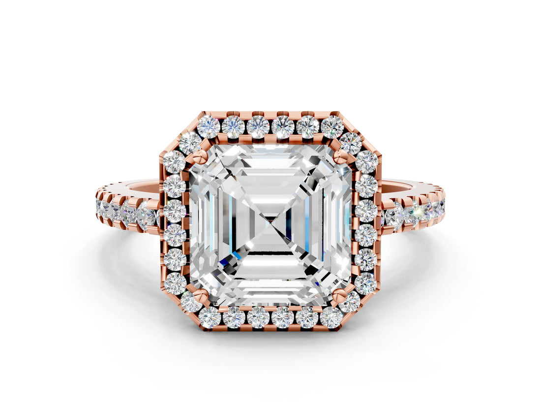 Rose gold Asscher Cut Diamond Halo Engagement Ring with Pavé Band and Prong Setting_27