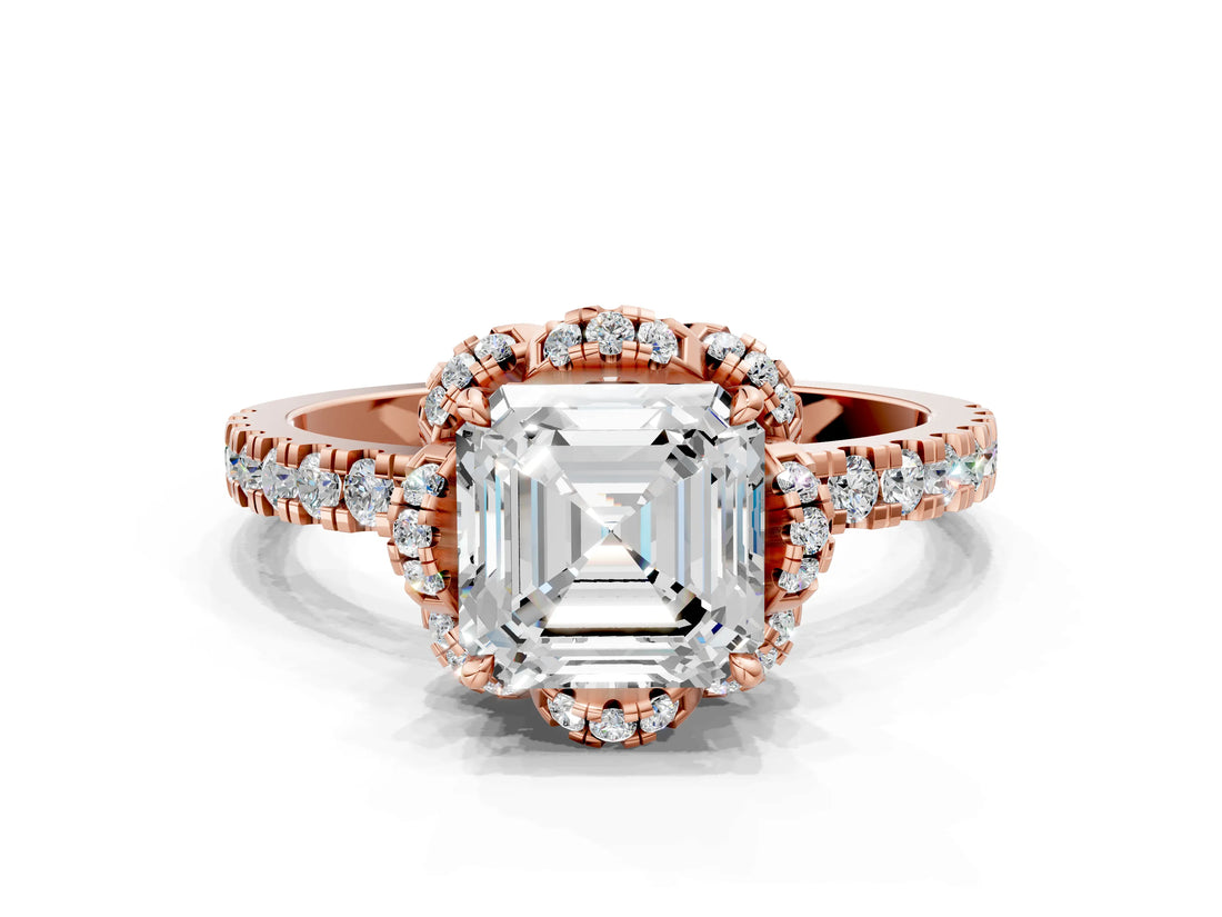 Rose gold Asscher Cut Diamond Halo Pave Band with Four-Prong Setting_15