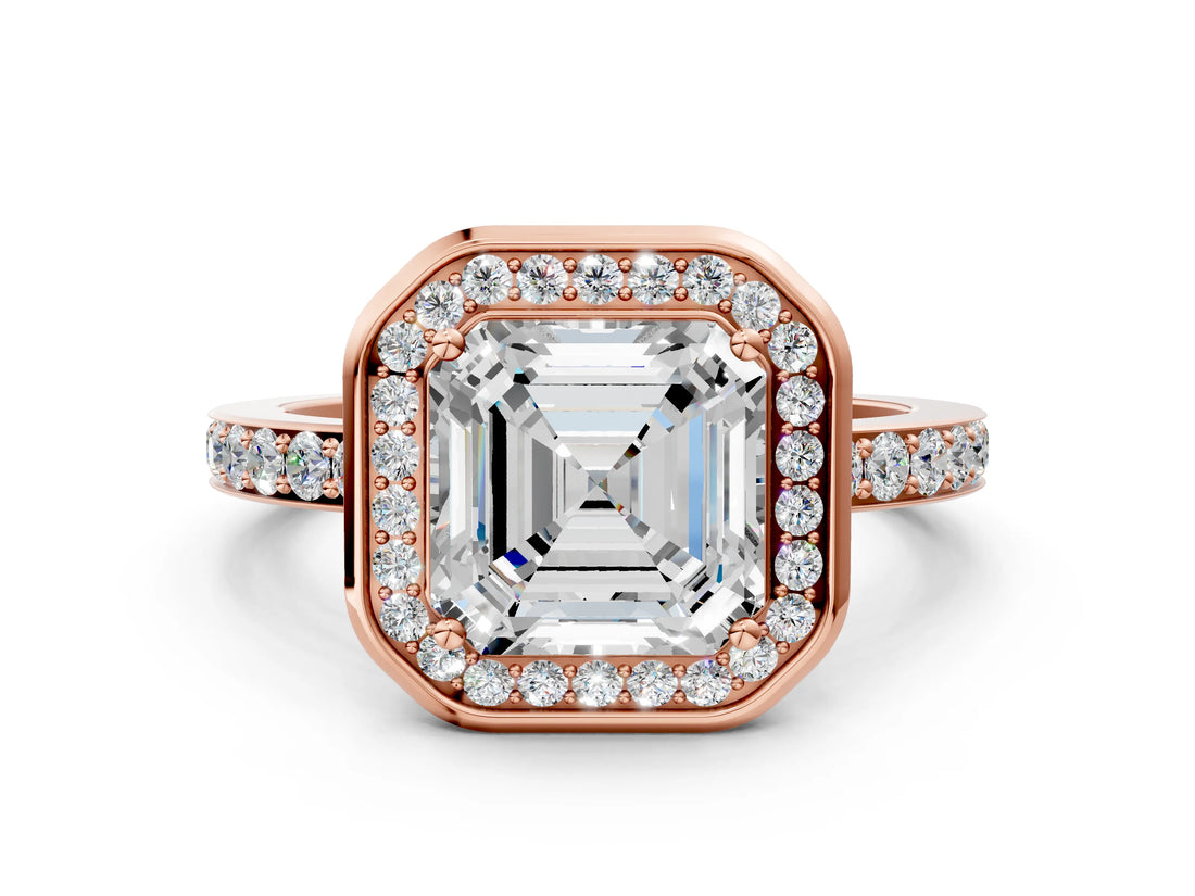 Rose gold Asscher Cut Diamond Halo Ring with Bezel Frame and Pavé Band_7