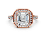 Rose gold Asscher Cut Diamond Halo Ring with Bezel Frame and Pavé Band_7