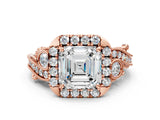 Rose gold Asscher Cut Diamond Halo Ring with Milgrain Pavé Band and Four-Prong Setting_150