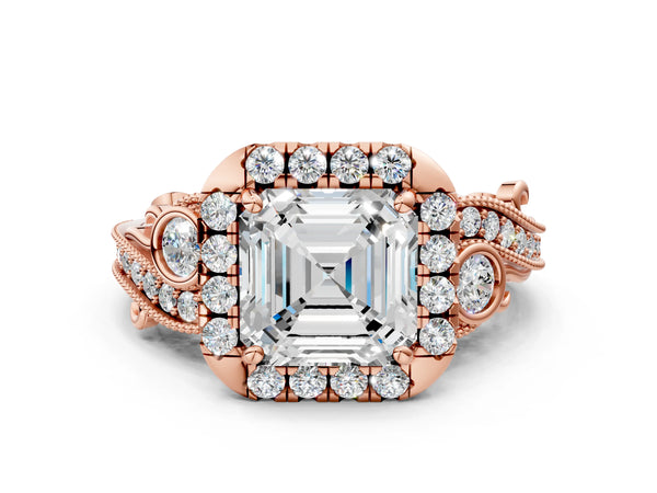 Rose gold Asscher Cut Diamond Halo Ring with Milgrain Pavé Band and Four-Prong Setting