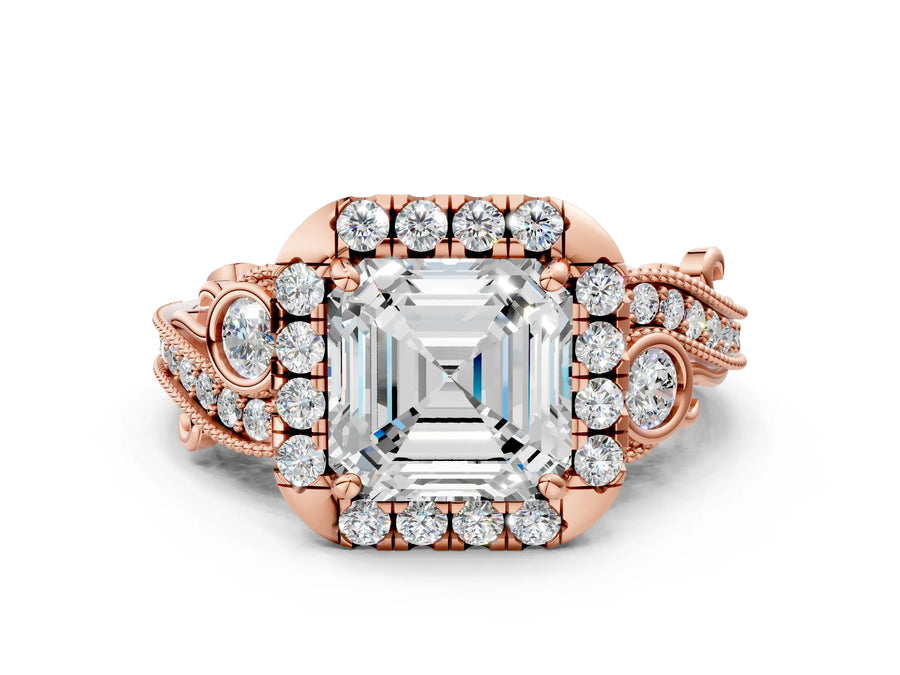Rose gold Asscher Cut Diamond Halo Ring with Milgrain Pavé Band and Four-Prong Setting