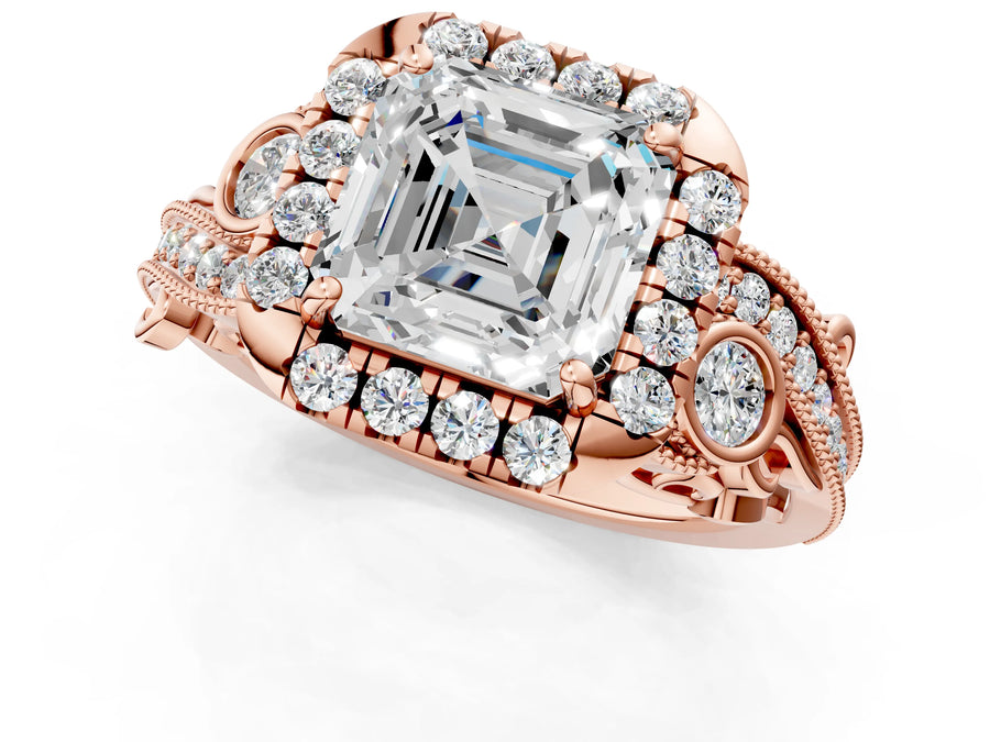 Rose gold Asscher Cut Diamond Halo Ring with Milgrain Pavé Band and Four-Prong Setting