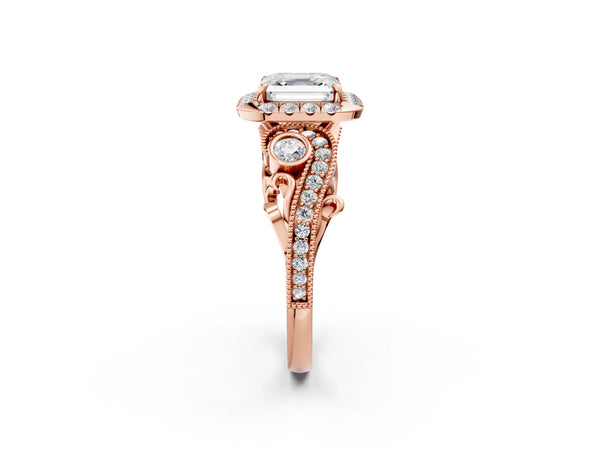 Rose gold Asscher Cut Diamond Halo Ring with Milgrain Pavé Band and Four-Prong Setting