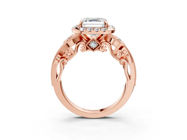 Rose gold Asscher Cut Diamond Halo Ring with Milgrain Pavé Band and Four-Prong Setting