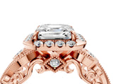 Rose gold Asscher Cut Diamond Halo Ring with Milgrain Pavé Band and Four-Prong Setting_154