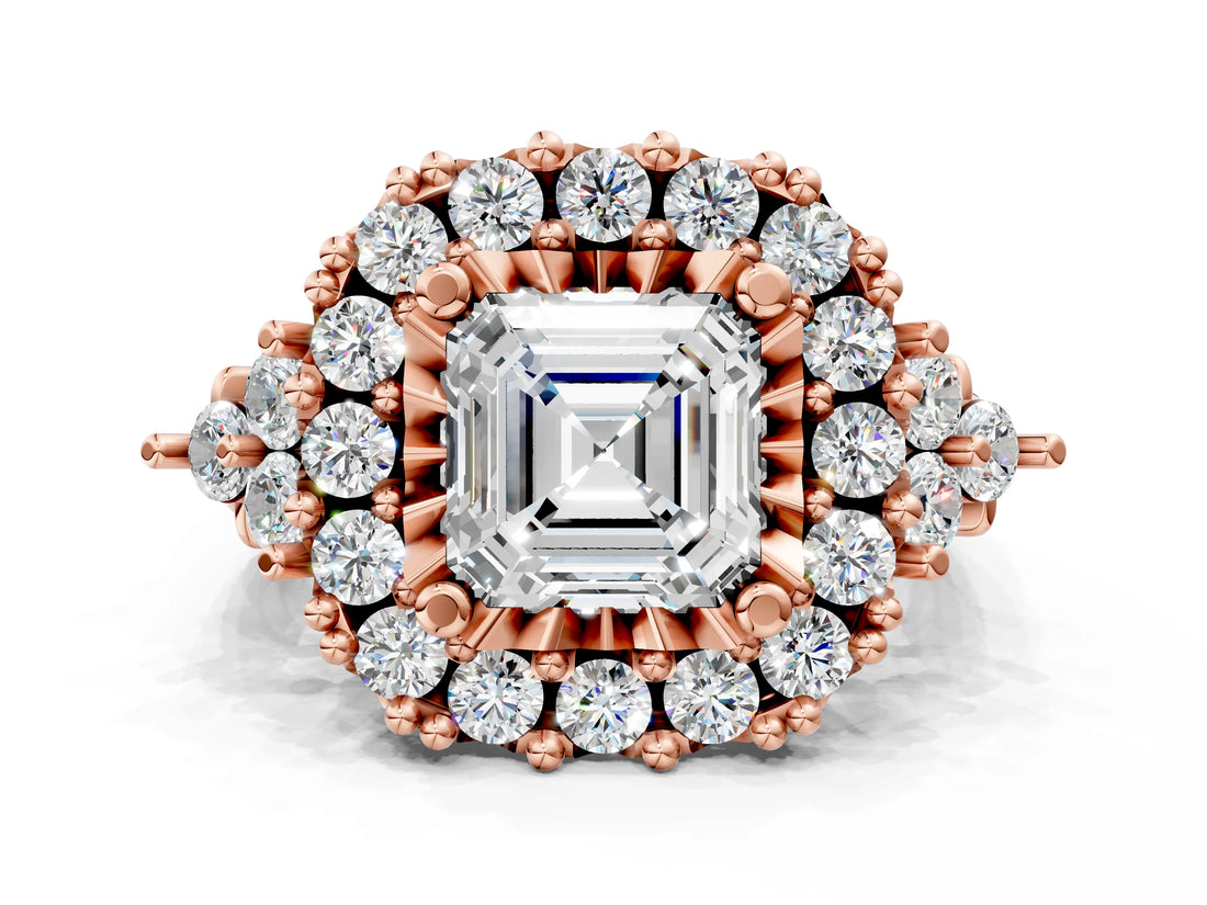 Rose gold Asscher Cut Diamond Halo Ring with Pavé Band and Four-Prong Setting_24