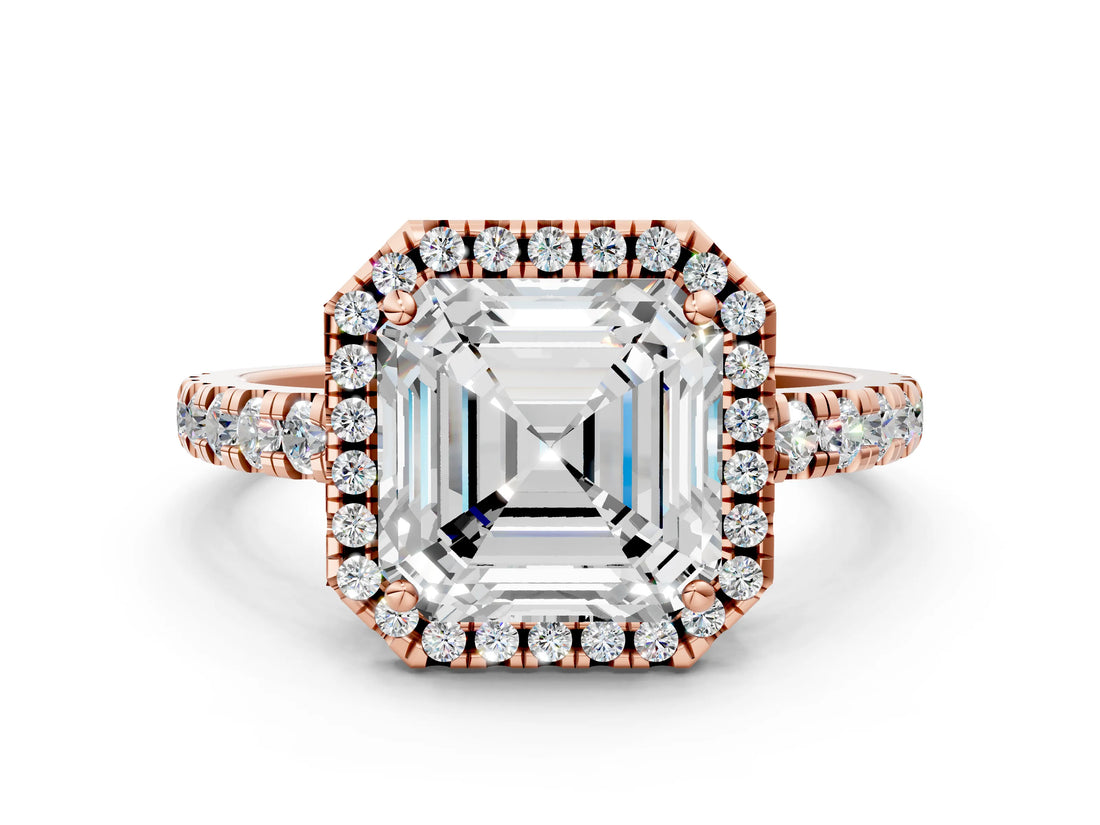 Rose gold Asscher Cut Diamond Halo Ring with Pavé Band and Four-Prong Setting_3