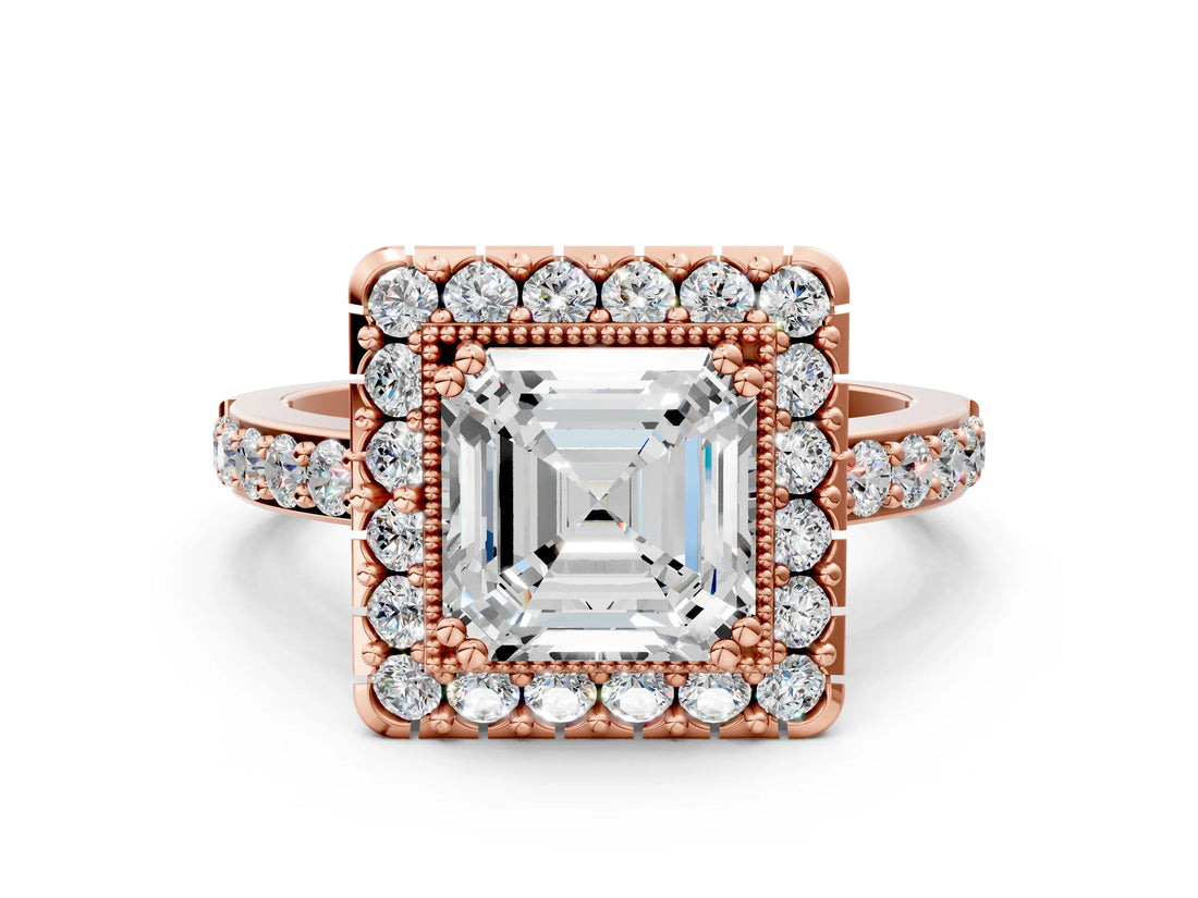 Rose gold Asscher Cut Diamond Halo Ring with Pavé Band and Prong Setting_3