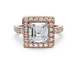 Rose gold Asscher Cut Diamond Halo Ring with Pavé Band and Prong Setting_3
