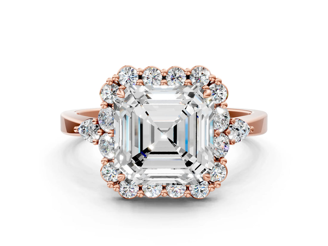 Rose gold Asscher Cut Diamond Halo Ring with Pear Side Stones and Prong Setting_40