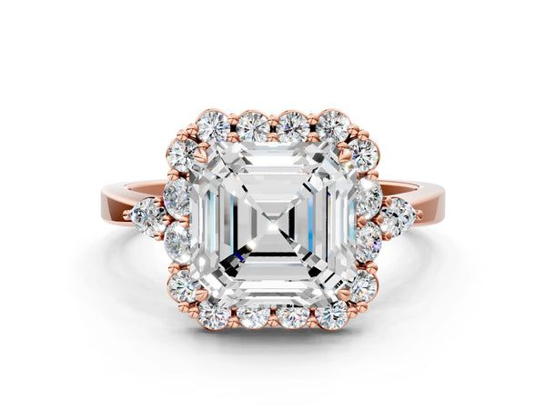 Rose Gold Asscher Cut Halo Engagement Ring Setting with Pear Accents